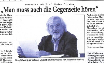 Συνέντευξη Χάινς Ρίχτερ στην Griechenland Zeitung: «Φασίστες σταμάτησαν την αναγόρευσή μου σε επίτιμο διδάκτορα»