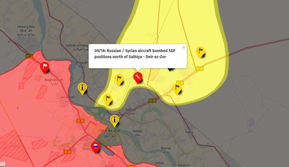 Ρωσικά και συριακά μαχητικά βομβάρδισαν τους SDF στην ανατολική όχθη του Ευφράτη στη Ντέιρ Εζ Ζορ. 6 μαχητές τραυματίες. Ο συριακός στρατός διέσχισε τον Ευφράτη.