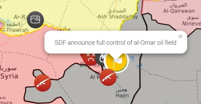 Oι SDF ανακοινώνουν ότι κατέλαβαν το μεγαλύτερο κοίτασμα πετρελαίου της Συρίας το αλ Ομάρ στη Ντέιρ Εζ Ζορ.