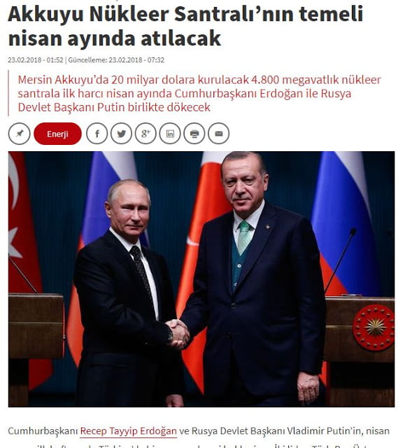 Τον Απρίλιο Ερντογάν και Πούτιν θα θεμελιώσουν τον πυρηνικό σταθμό Ακούγιου