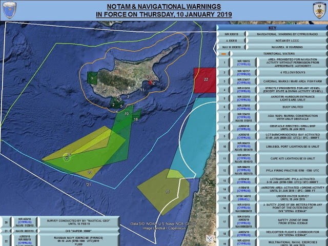 Δέσμευση περιοχής ΝΑ της Κύπρου από Ρωσία για πυρά στις ακτές της Συρίας