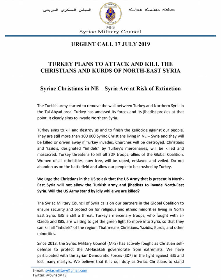 Χριστιανοί της Β. Συρίας προς ΗΠΑ και Δύση: “Μην αφήσετε την Τουρκία να εισβάλει και να μας δολοφονήσει”