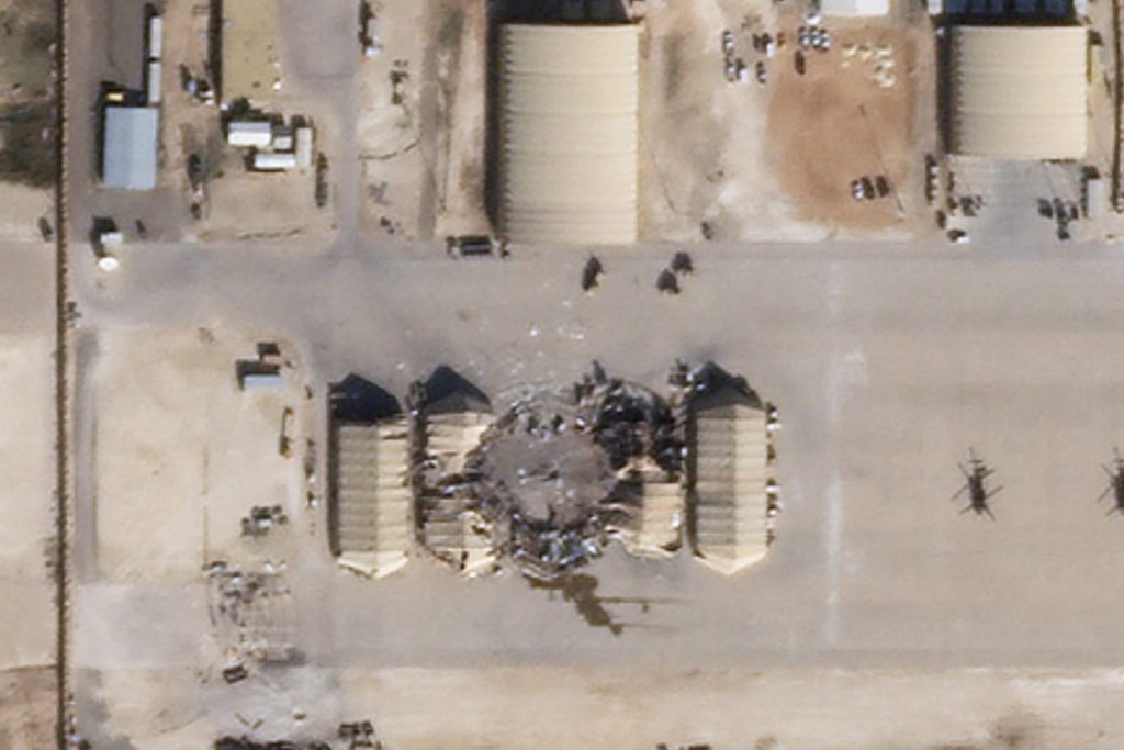 A satellite image reportedly shows damage to the Al-Asad airbase in Iraq after it was hit by missiles from Iran. Image: Planet Labs via AFP