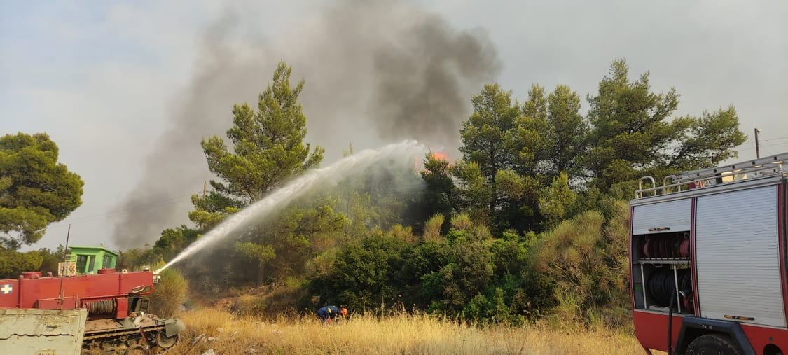 Πυρκαγιά στην Αττική: Στρατιωτικό άρμα Leopard-1 μετασκευασμένο σε πυροσβεστικό σβήνει φωτιά