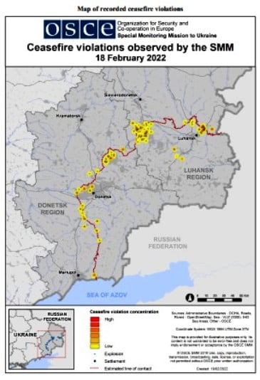 ΟΑΣΕ: Χάρτης των παραβιάσεων την 18/2/2022 στη συνοριακή γραμμή Ουκρανιάς-Ντομπάς