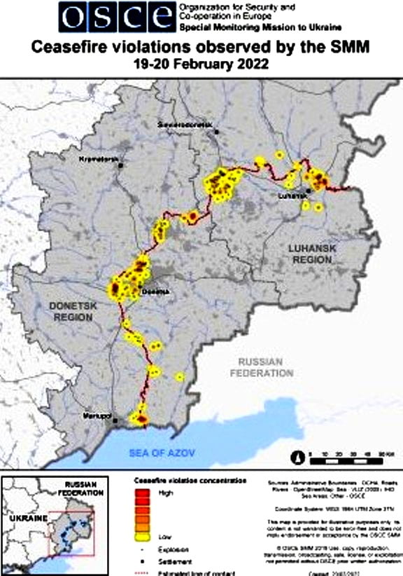 ΟΑΣΕ: Χάρτης των παραβιάσεων την 18-20/2/2022 στη γραμμή σύγκρουσης Ουκρανιάς-Ντομπάς