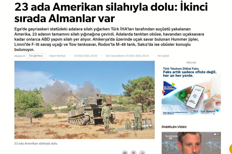 Καλλιεργεί κλίμα ο τουρκικός Τύπος: Γεμάτα με αμερικανικά όπλα 23 ελληνικά νησιά