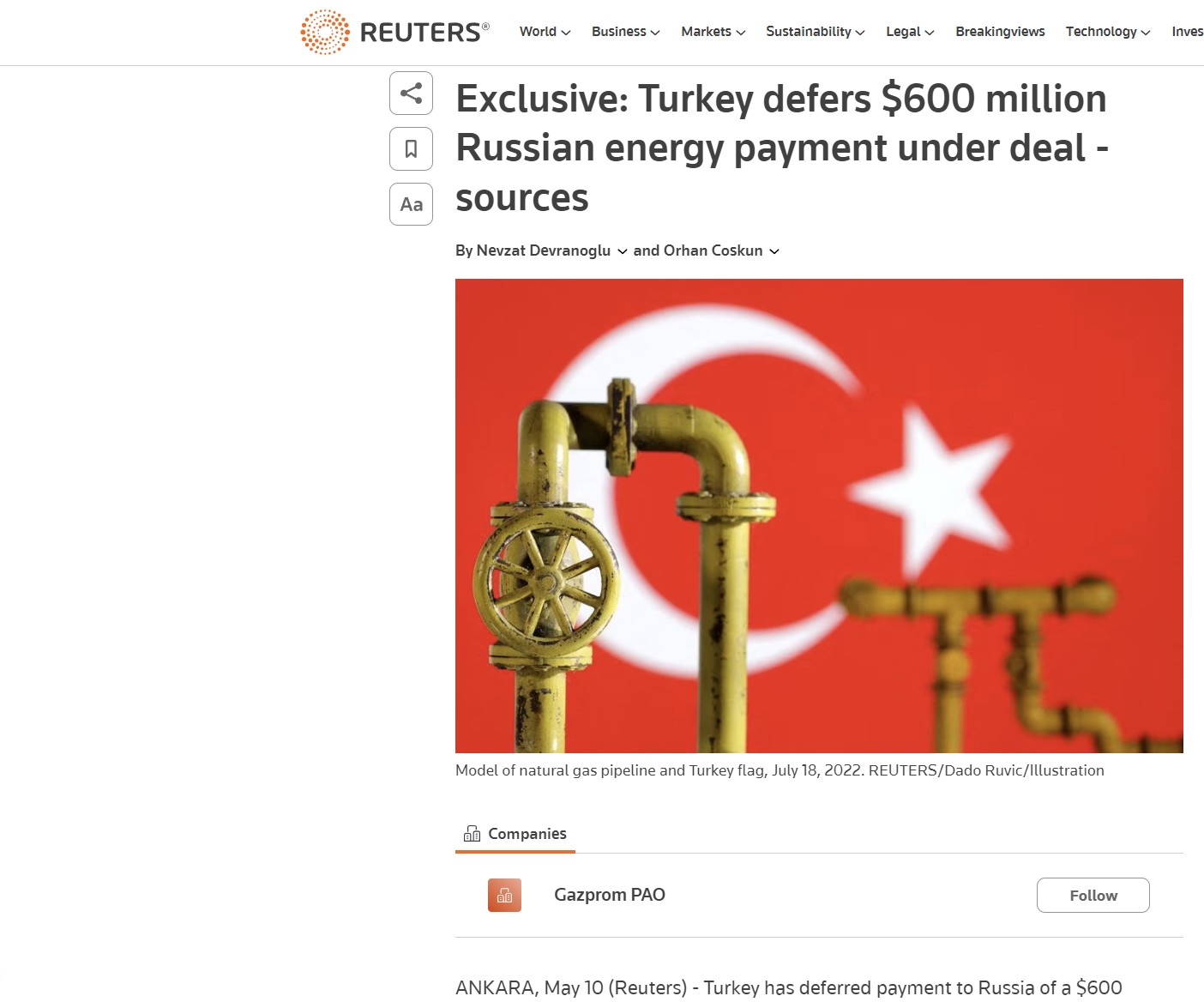Reuters: Η Τουρκία ανέβαλε πληρωμή φυσικού αερίου 600 εκατομμυρίων δολαρίων προς τη Ρωσία