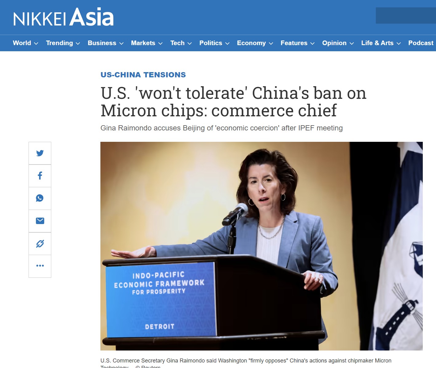 Τζίνα Ραϊμόντο: Οι ΗΠΑ «δεν θα ανεχθούν» την απαγόρευση της Κίνας κατά της Micron Technology