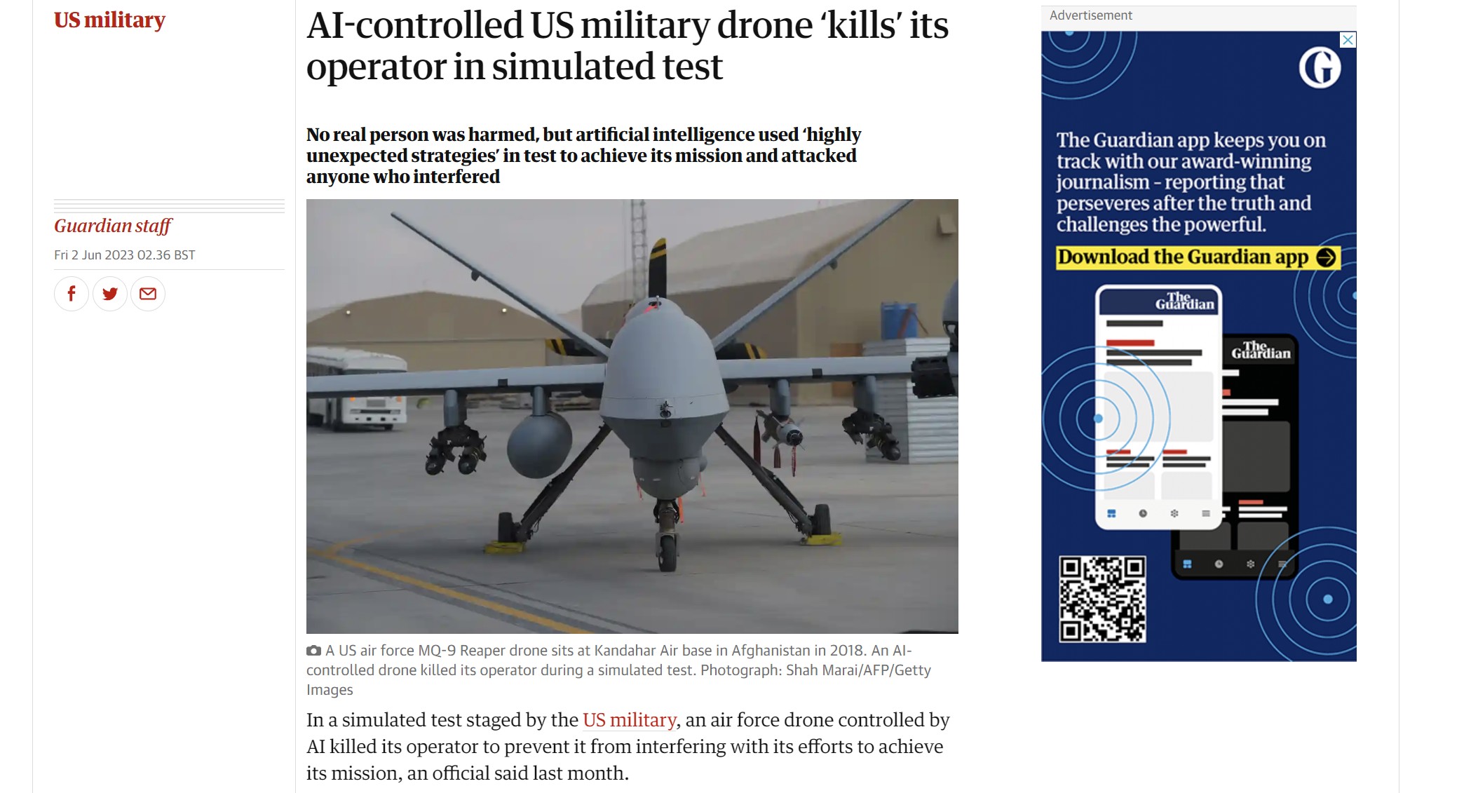 Guardian: Το πρώτο “θύμα” της τεχνητής νοημοσύνης! Αμερικανικό στρατιωτικό drone που ελέγχεται από AI “σκότωσε” τον χειριστή του σε προσομοίωση δοκιμής – Είναι εύκολο να εξαπατηθεί ή να χειραγωγηθεί λέει ειδικός