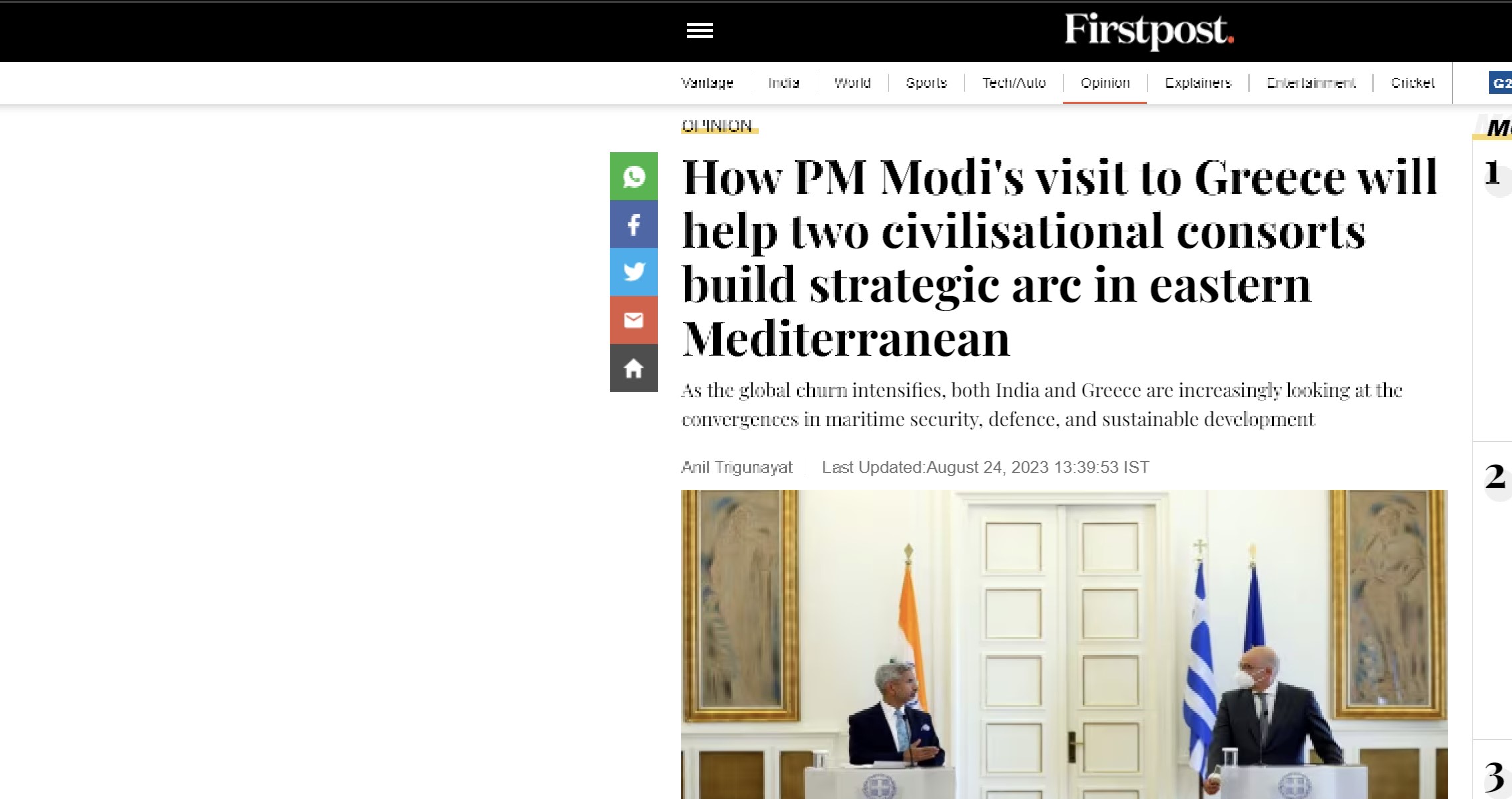 First Post: How PM Modi’s visit to Greece will help two civilisational consorts build strategic arc in eastern Mediterranean