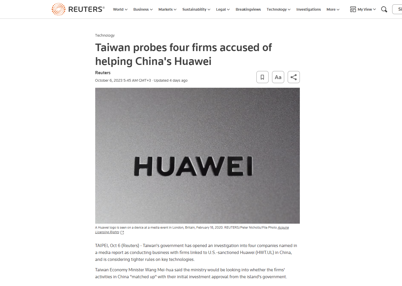 Taiwan probes four firms accused of helping China’s Huawei