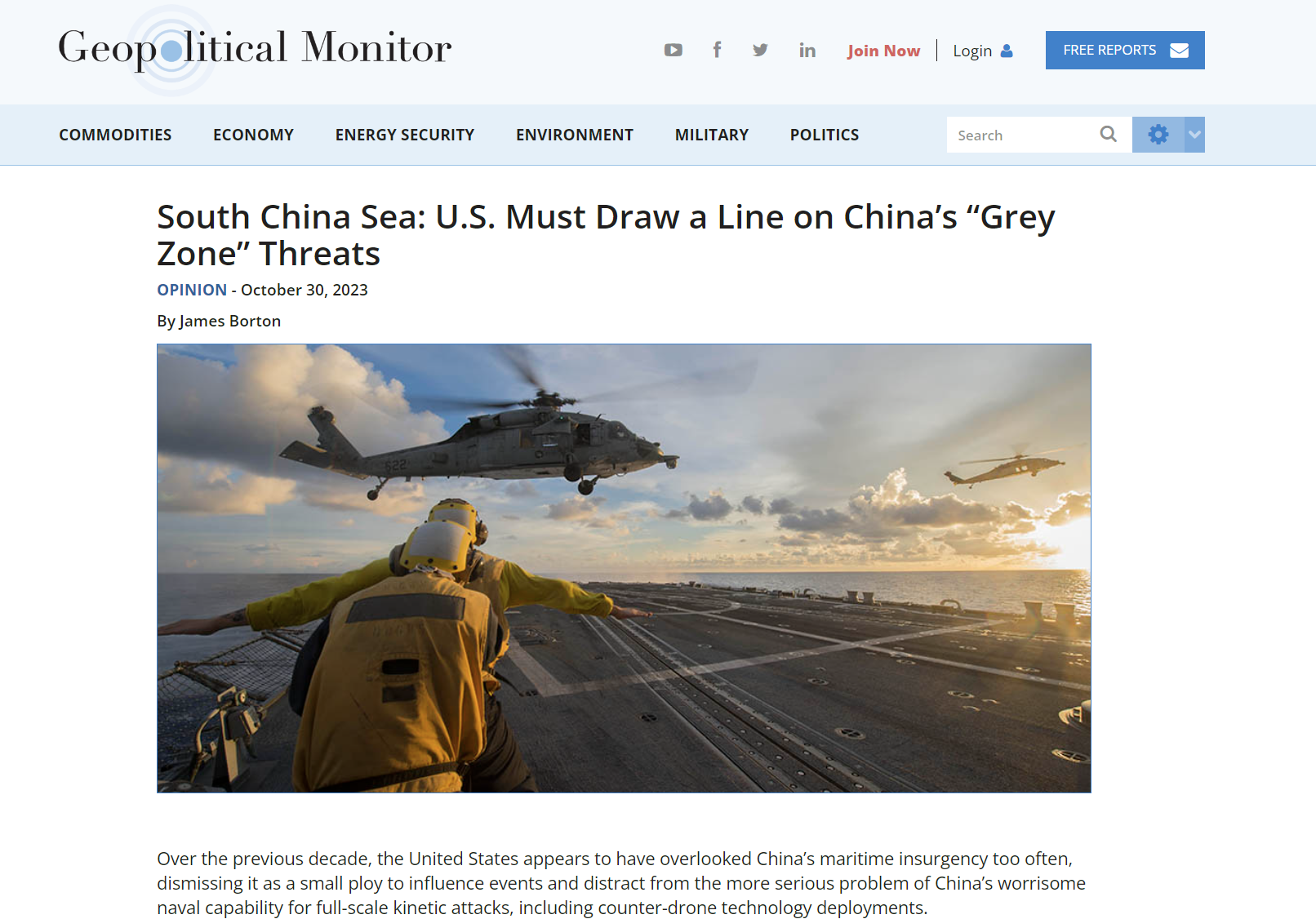 Geopolitical Monitor: South China Sea: U.S. Must Draw a Line on China’s “Gray Zone” Threats