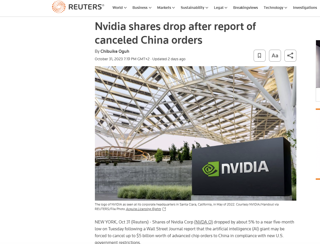 Reuters: Σε πτώση οι μετοχές της Nvidia μετά την αναφορά για ακυρωμένες παραγγελίες στην Κίνα