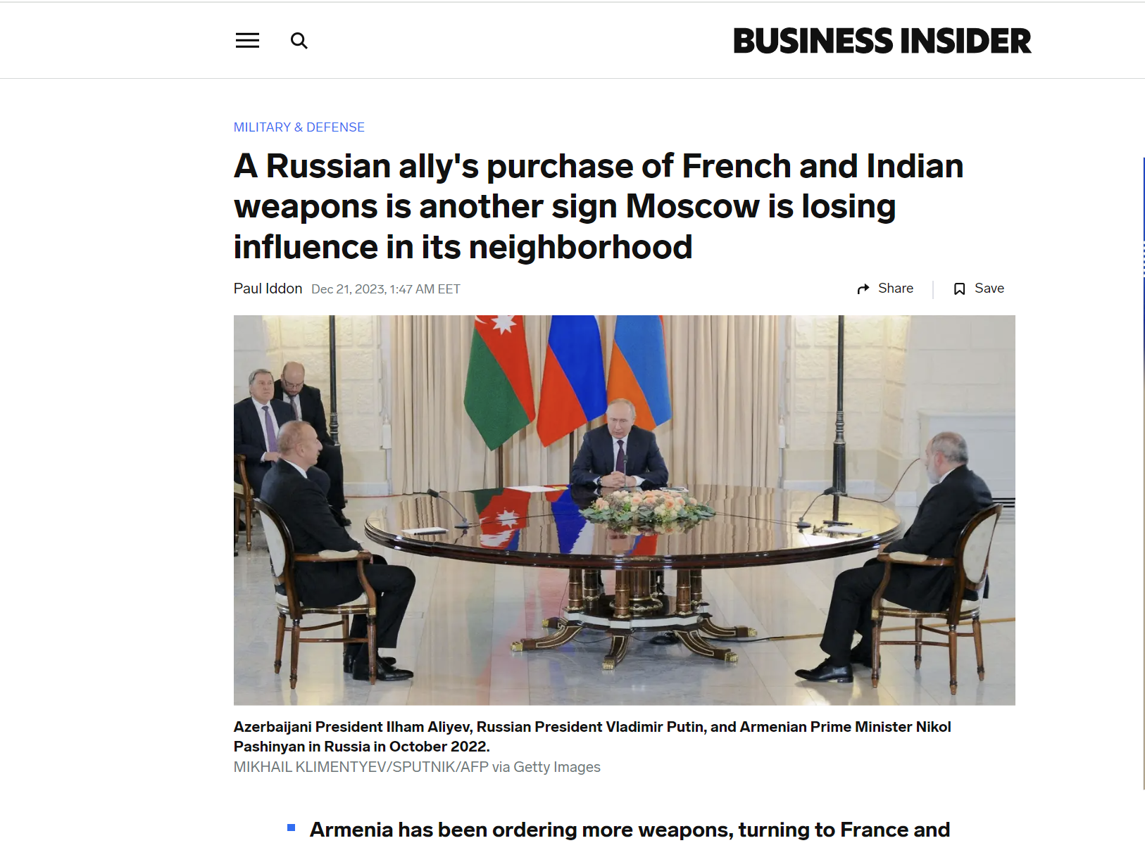 Business Insider: Η Αρμενία δεν θέλει να εξαρτάται από τη Ρωσία