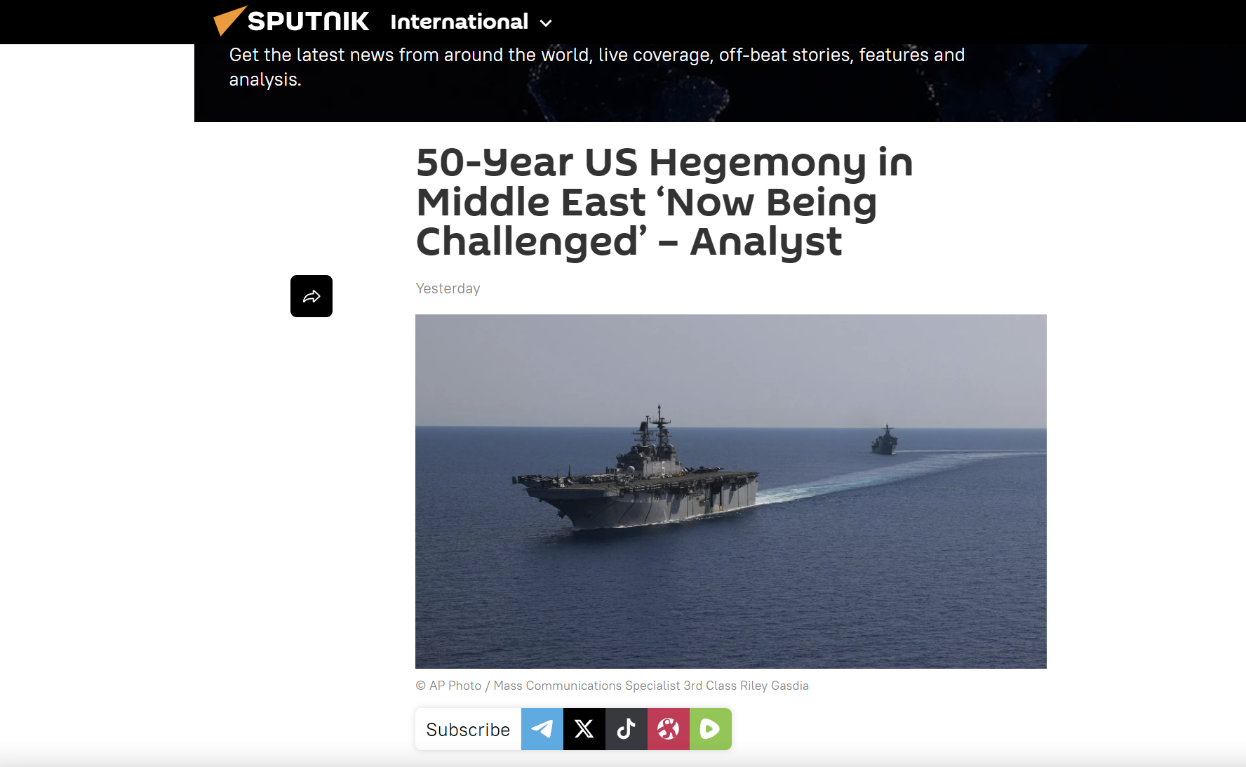 Σκοτ Μπένετ στο Sputnik: Υπό αμφισβήτηση η 50ετής ηγεμονία των ΗΠΑ στη Μέση Ανατολή