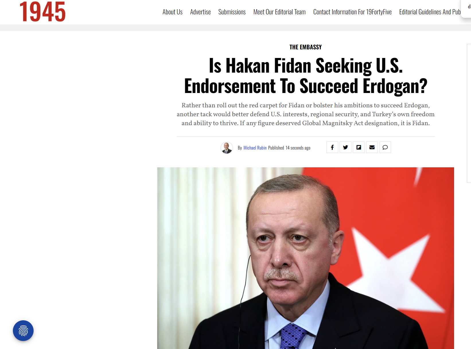 Μάικλ Ρούμπιν: Την υποστήριξη των ΗΠΑ για να διαδεχθεί τον Ερντογάν επιδιώκει ο Φιντάν;