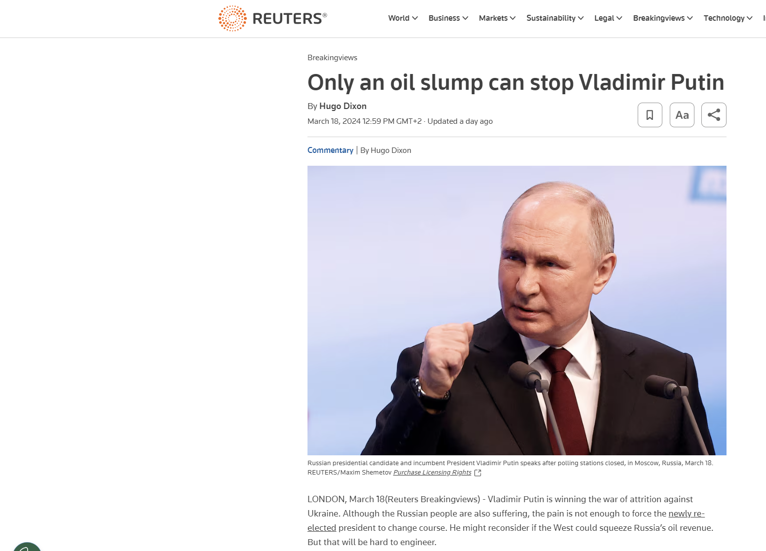Reuters: Μόνο μια πτώση του πετρελαίου μπορεί να σταματήσει τον Βλαντιμίρ Πούτιν