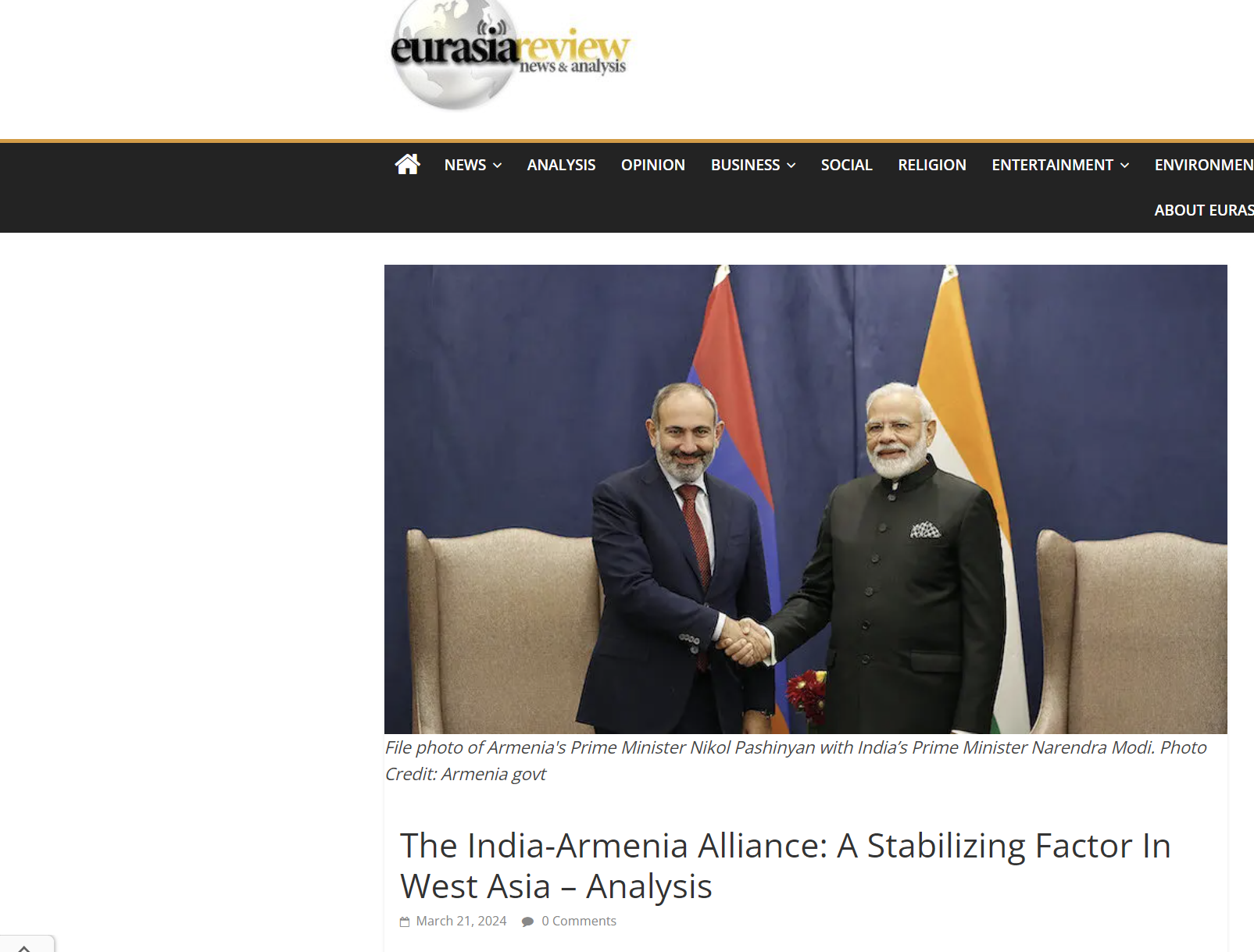 Eurasia Review: Ενίσχυση της συμμαχίας Ινδίας-Αρμενίας!