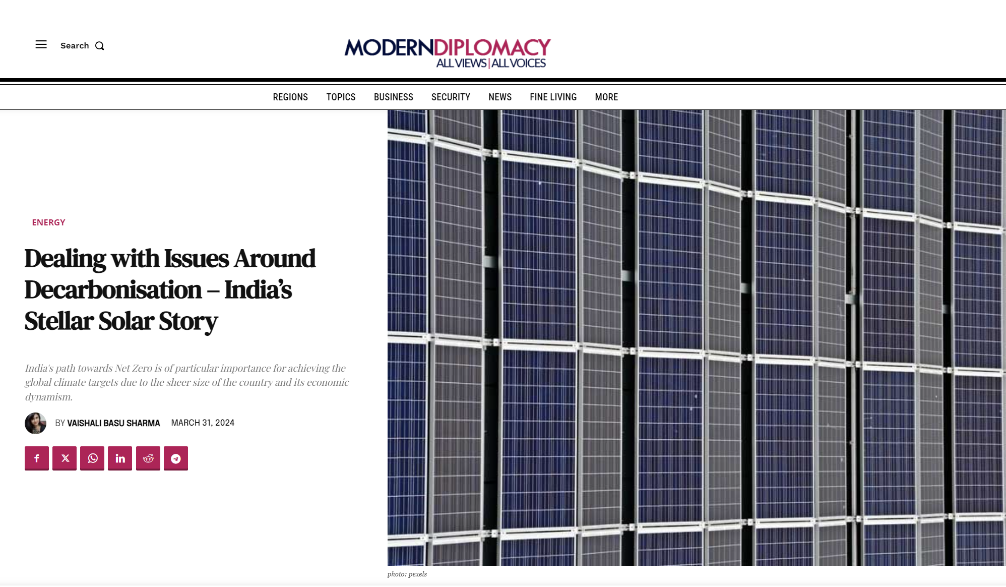 Modern Diplomacy: Η ηλιακή ιστορία της Ινδίας – Αντιμετώπιση ζητημάτων γύρω από την απαλλαγή από τις εκπομπές άνθρακα