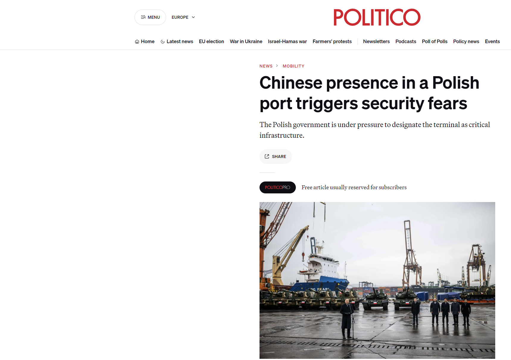 Politico: Η κινεζική παρουσία σε λιμάνι της Πολωνίας προκαλεί φόβους για την ασφάλεια