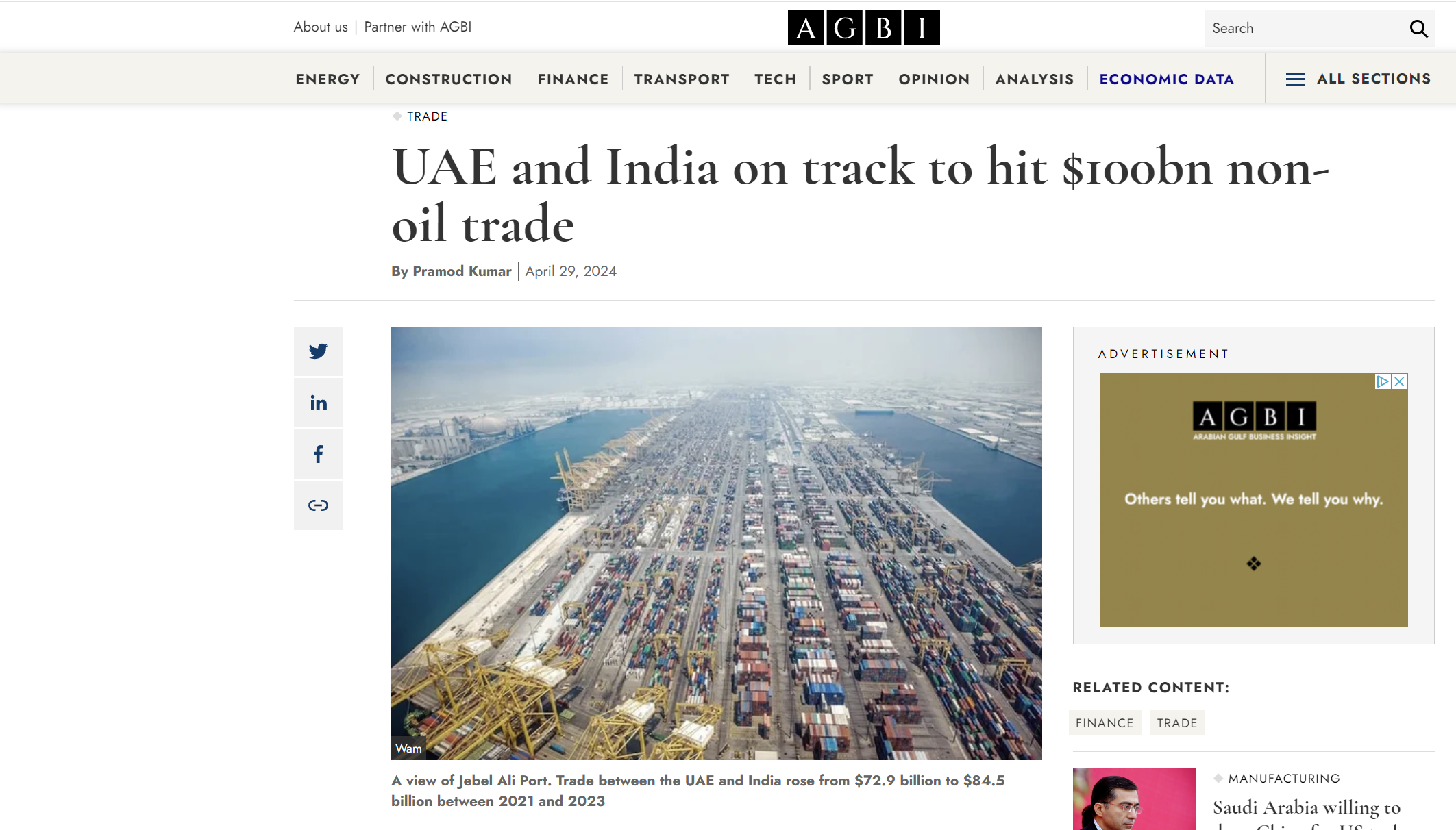 Arabian Gulf Business Insight:  ΗΑΕ και Ινδία θα ξεπεράσουν τα 100 δις δολάρια στο εμπόριο μέχρι το 2030
