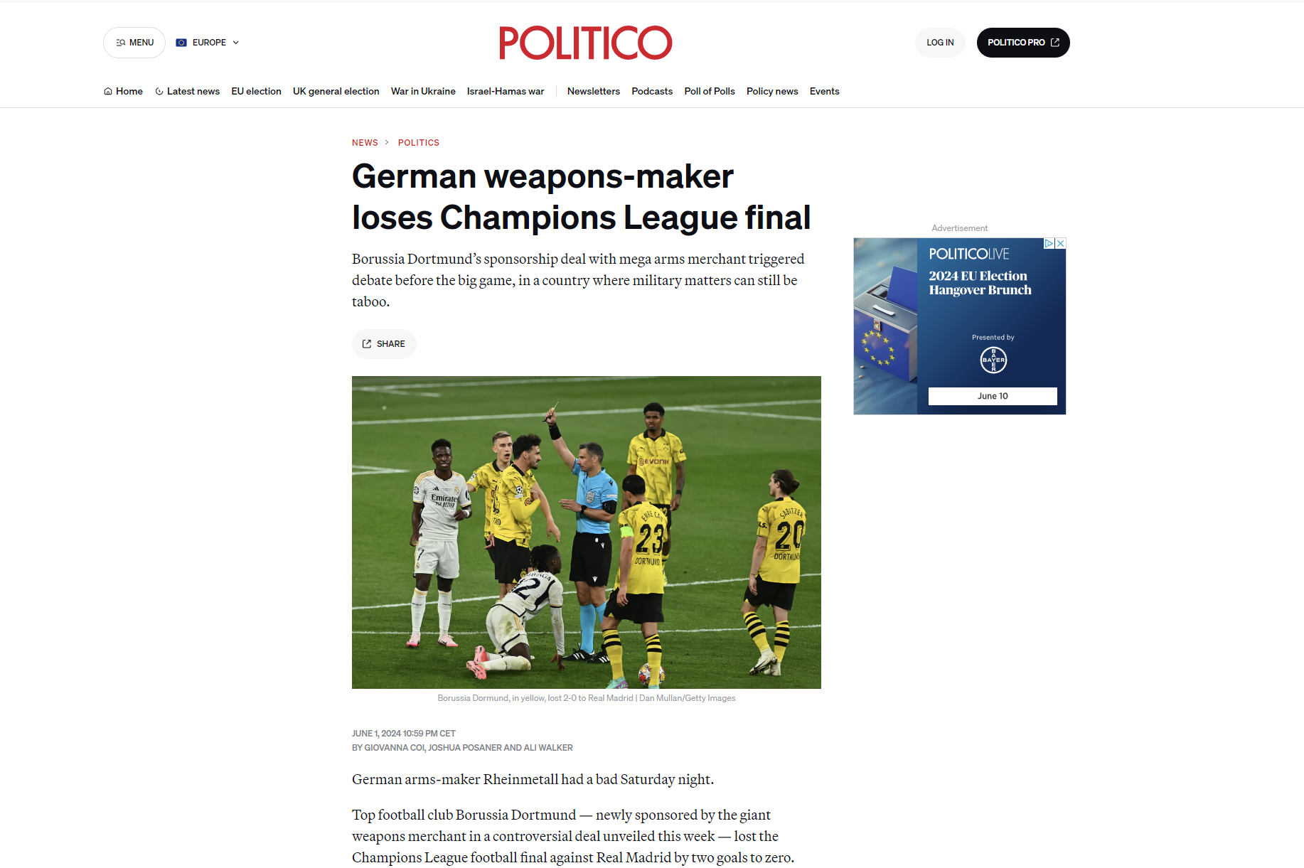 Politico: Η γερμανική εταιρεία κατασκευής όπλων (Rheinmetal) έχασε το Champions League