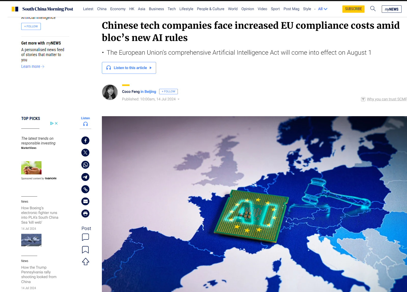 South China Morning Post: Chinese tech companies face increased EU compliance costs amid bloc’s new AI rules