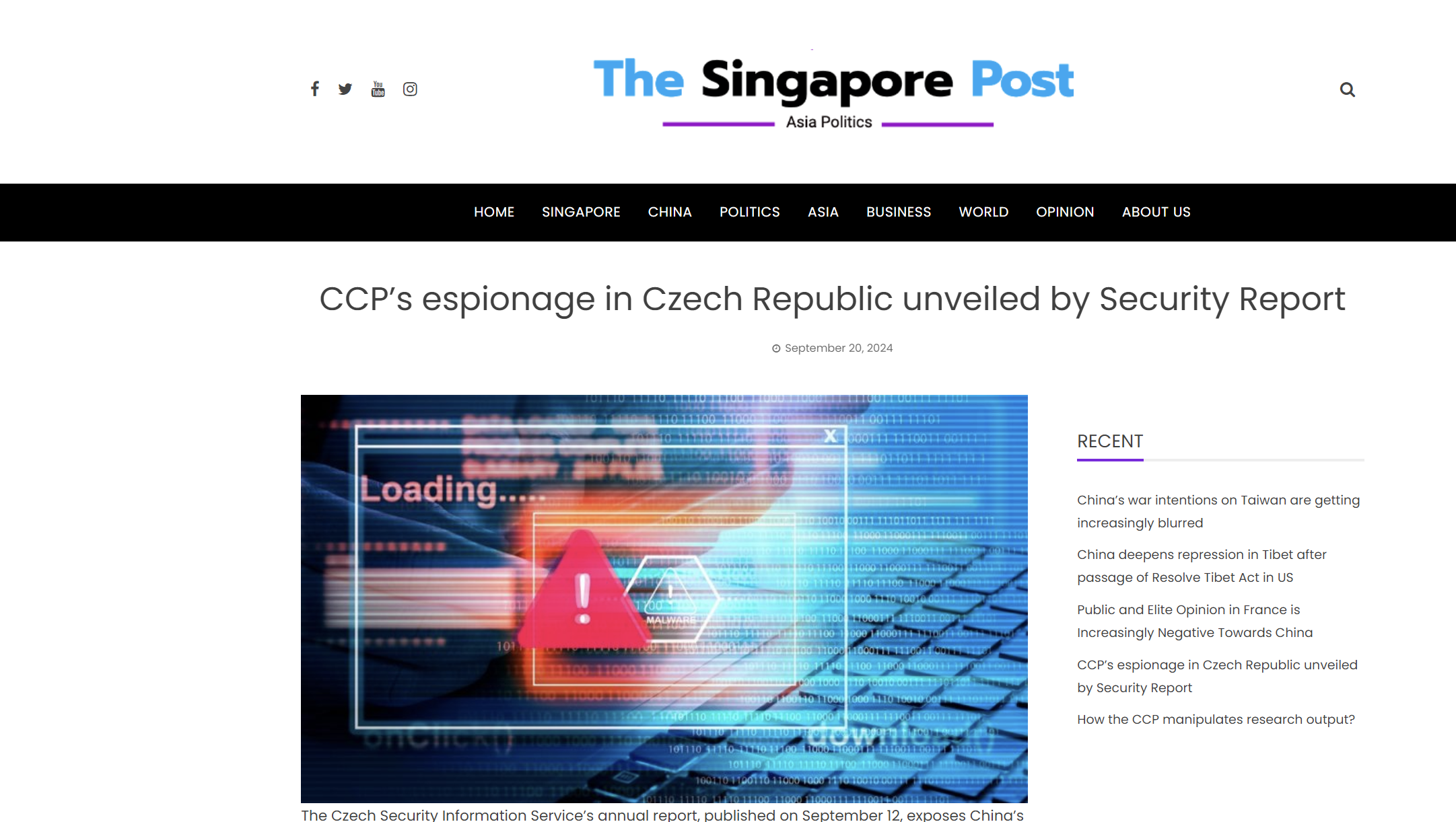 The Singapore Post: Έκθεση Ασφαλείας της Τσεχικής Υπηρεσίας Πληροφοριών αποκαλύπτει μυστικές δραστηριότητες της Κίνας